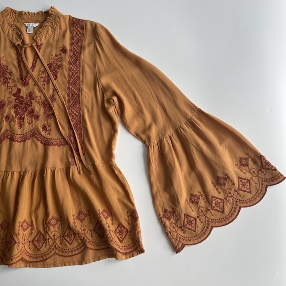 Womens Large Orange Red Embroidery Flare Sleeve Blouse Top Boho Festival Peasant - Picture 7 of 13